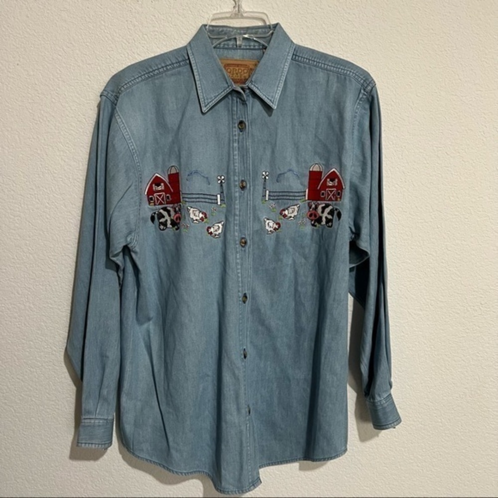 Gordon James Embroidered Farm Scene Denim Button Down Shirt Cotton New Large